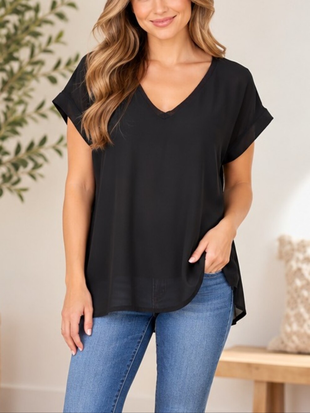 Worthington Black V-Neck Short Sleeve Top – Size Large